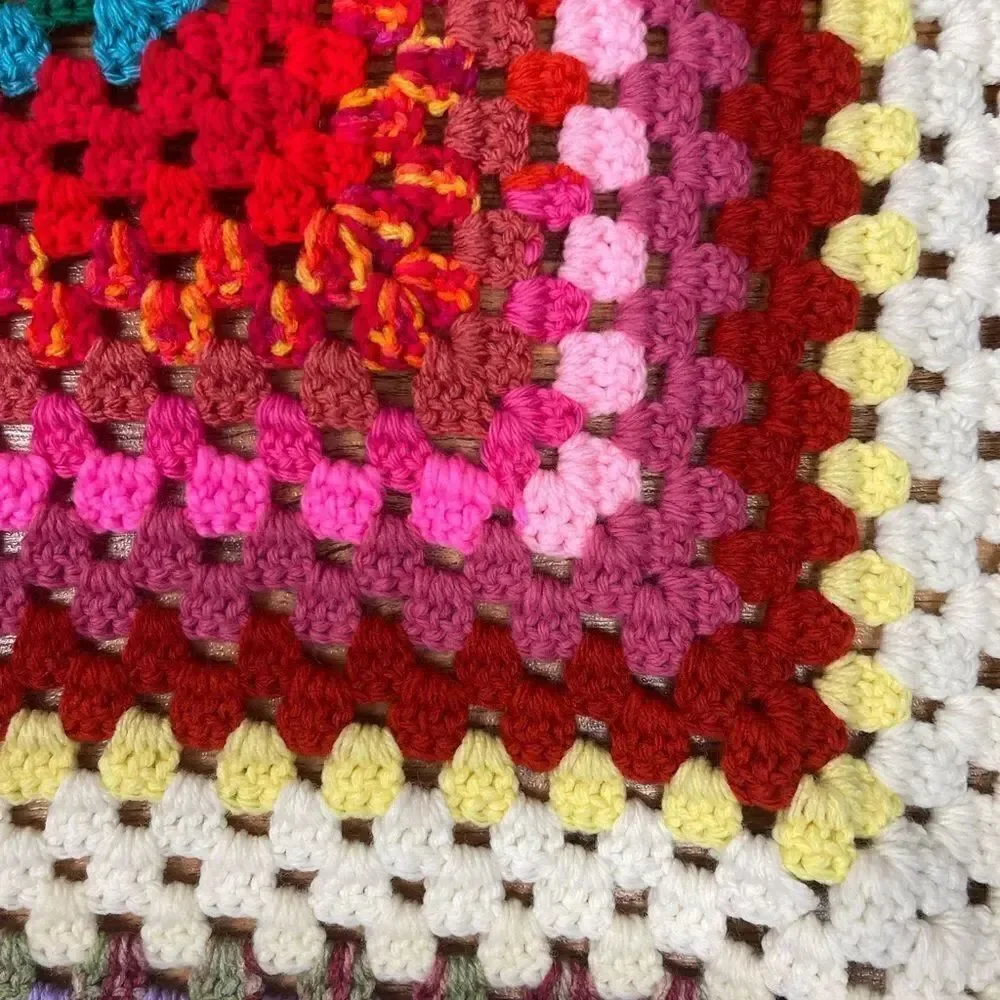 Vintage Afghan-Granny Blanket Multi Color Handmade 36x36 Boho 70s Sm Throw EUC